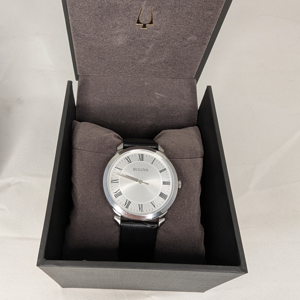 Elegant Bulova Silver Tone Watch with Black Leather Strap